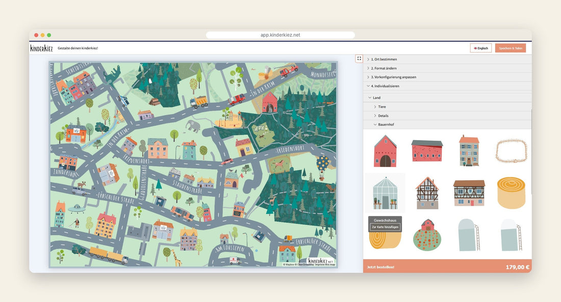 Der kinderkiez-Editor mit einem ländlichen Kiez, Straßennamen und Illustrationen