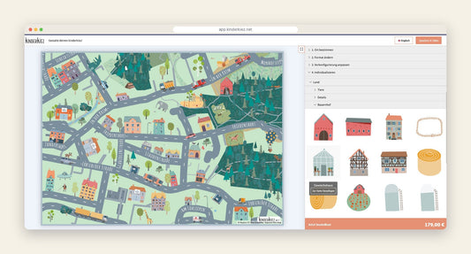 Der kinderkiez-Editor mit einem ländlichen Kiez, Straßennamen und Illustrationen